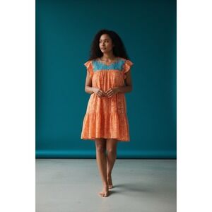 Sister Mary SZ Large  blue embroidered bib vibrant floral orange midi dress